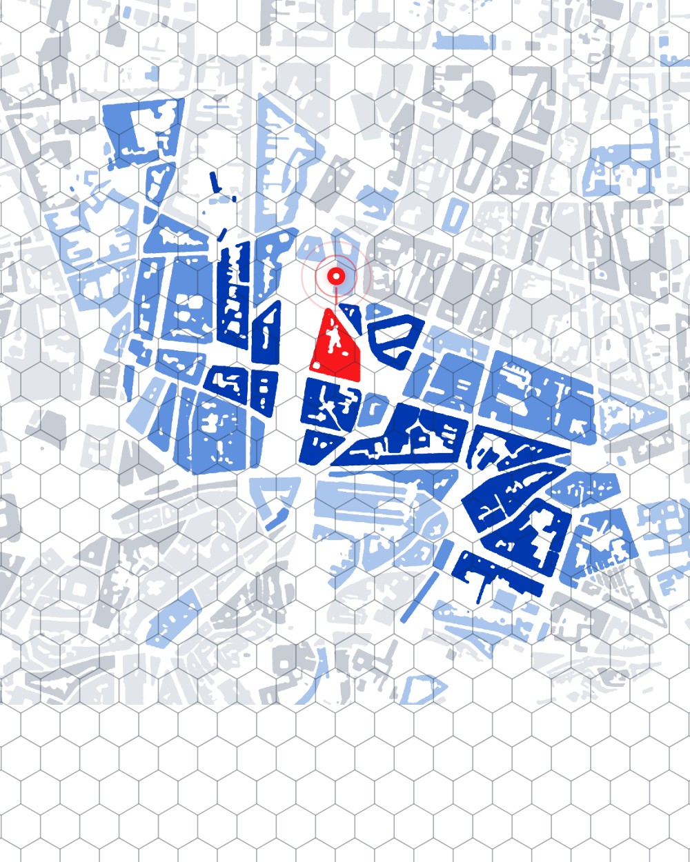 Real estate map: buildings coloured by growth, one highlighted site
