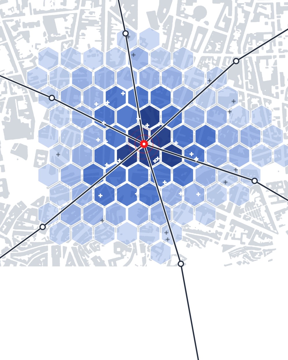 Urban planning map: accessibility zones around transit lines
